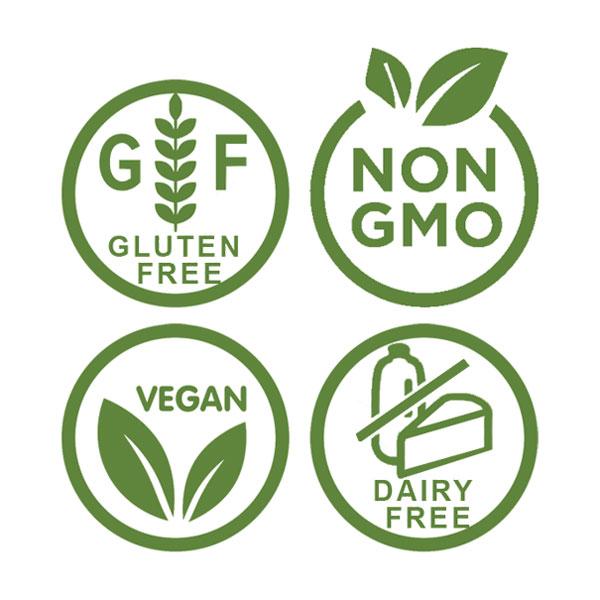 NON GMO, Gluten Free, Dairy Free, Vegan